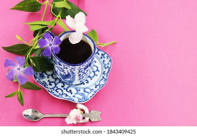 coffee cup and saucer with natural flowers, natural flowers photography