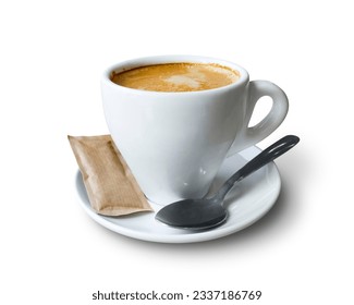Coffee cup with saucer, teaspoon and a pack of brown sugar isolated on empty background