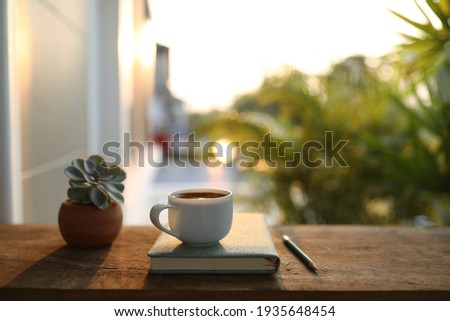 Coffee cup with small plant pot and notebook on wooden table under sunlight