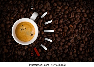 Coffee Cup And Speedometer Scale Or Fuel Pressure Gauge. Concept Of Refueling The Cofver For Cheerfulness And Energy. Copy Of Space