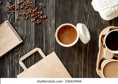 Coffee Cup Take Away At Wooden Background Top View