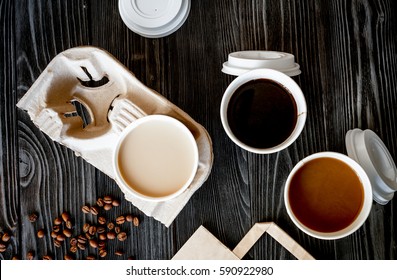 Coffee Cup Take Away At Wooden Background Top View