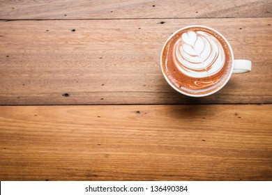 Coffee Cup Top View On Old Wooden