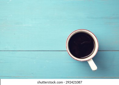 Coffee Cup Top View On Old Wooden