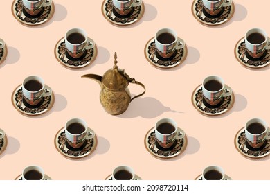 Coffee in cups and copper coffee pot. Seamless repeating pattern.