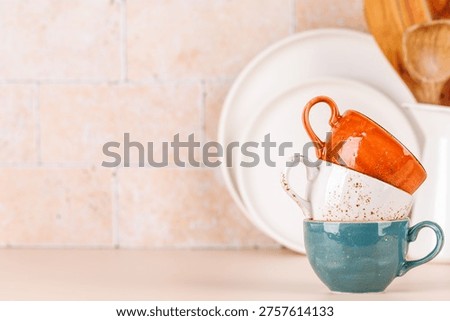 Coffee cups on table, rustic home interior with copy space