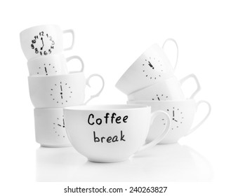 Coffee cups and time for coffee break  isolated white