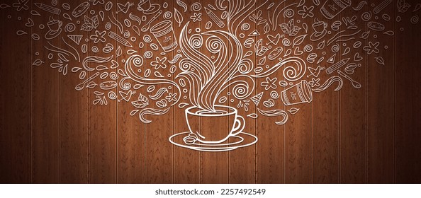 Coffee doodle illustration in wooden background. Coffee shop Signboard Template with Cup concept art. Cafe wall art illustration in dark wooden background.