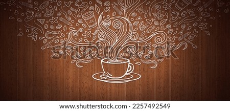 Coffee doodle illustration in wooden background. Coffee shop Signboard Template with Cup concept art. Cafe wall art illustration in dark wooden background.