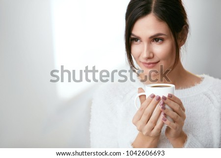 Coffee Drink. Beautiful Female Holding Cup With Hot Drink.