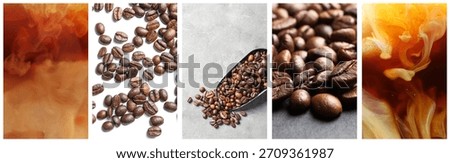 Coffee drinks and aromatic roasted beans, collage