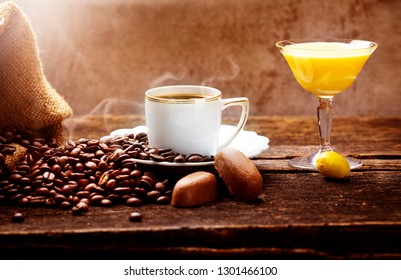 Coffee And Eggnog, Decoration For Easter On Wood 