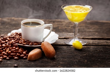 Coffee And Eggnog, Decoration For Easter On Dark Wooden Table