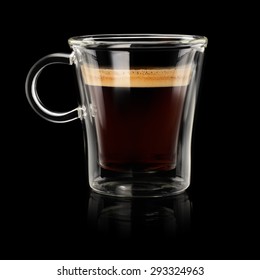 Coffee Espresso Doppio Or Lungo In Transparent Cup On Black Background