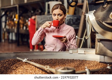 A Coffee Factory Supervisor Drinking Coffee Next To A Roasting Machine In Facility.