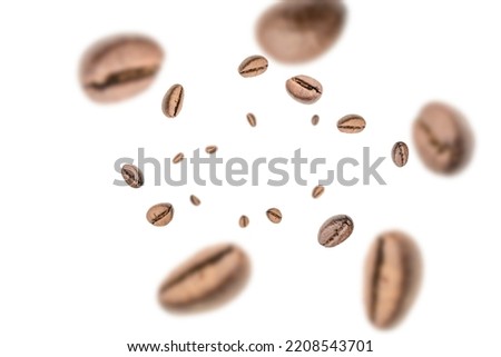 Coffee falling bean background. Black espresso coffee bean flying on white. Aromatic grain fall isolated. Represent breakfast for energy and freshness concept