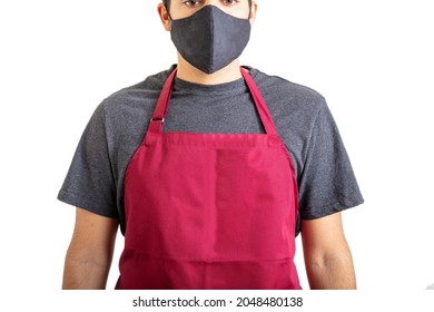 Coffee and food business new normal coronavirus days concept. Barista wearing red apron and face protective mask isolated against white background.  - Powered by Shutterstock