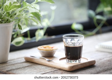 Coffee Glass Cup And Egg Tart Dessert On Wooden Tray