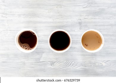 Coffee To Go. Coffee Cups On Wooden Table Backound Top View Copyspace