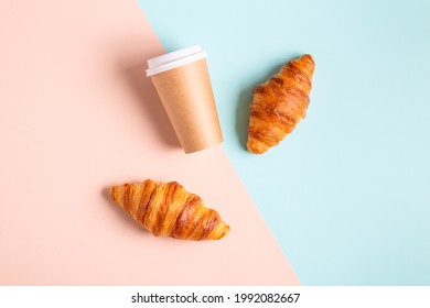 Coffee To Go In A Paper Cup With Croissants, Top View.