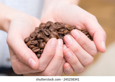 coffee grains of the hand - Shutterstock ID 245258341