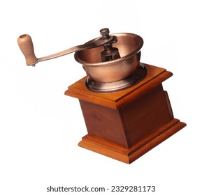 Coffee Grinder fly float in air, vintage Coffee mill for coffee bean to crush into ground powder over White background Isolated high speed shutter, freeze motion - Powered by Shutterstock