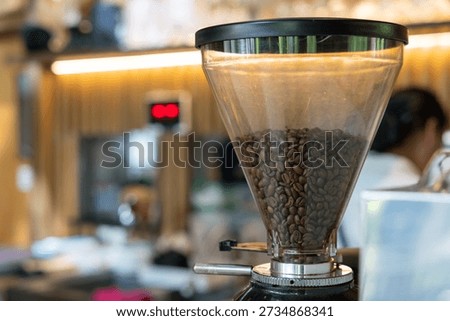 A coffee grinder with a large amount of coffee beans inside. The beans are spread out and the grinder is turned on