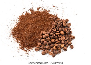 Coffee and grinder on white background