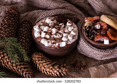 Coffee, Hot Cocoa, Hot Chocolate, Cones, Cozy Knitted Blanket. Winter, New Year, Christmas Still Life.