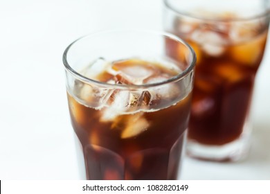 Coffee With Ice On Light Background. Cold Brew Close Up