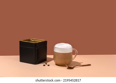 Coffee Identity Branding Mockup. Blank Black Box With Coffee Beans And Cup Of Coffee. Package Mockup Template For Logo, Brand, Sticker, Label.