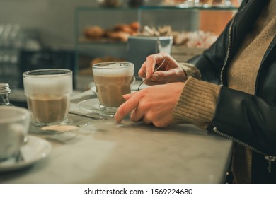 Coffee In An Italian Bar. Woman Take A Cup. Tradition Drink Coffee In Italy