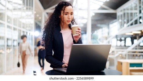 Coffee, laptop and business woman in airport waiting for flight, departure and working for business trip. Corporate travel, career and girl on computer for international, global and overseas project - Powered by Shutterstock