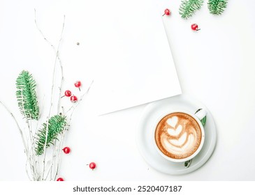 Coffee latte art beside post card on table - Powered by Shutterstock