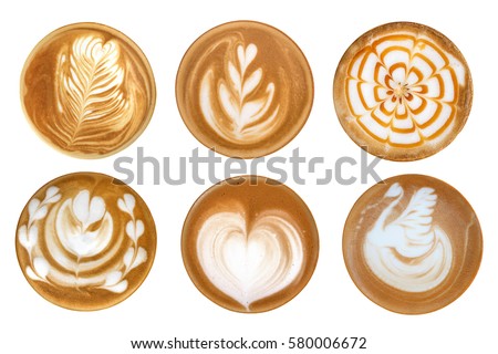 Coffee latte art cappuccino foam set isolated on white background
