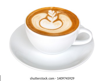 Coffee latte art flower shape foam, hot cappuccino isolated on white background, clipping path