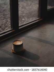 Coffee Latte On Cement With Sun Light Shadows Aesthetic