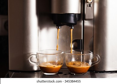 Coffee Machine Brewing A Coffee Espresso In Home, Two Glass Cups