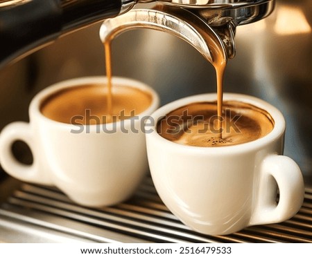 coffee machine brewing two cups of coffee. portafilter. working process. culture. product photography. aesthetic
