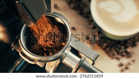 Coffee machine, ground and beans for drinks at cafe for fresh caffeine, powder or process in empty room. Press, equipment and barista tools for order at small business, beverage and interior at diner