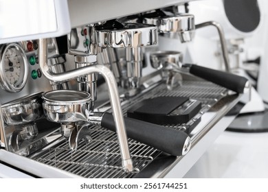 Coffee machine prepare making coffee menu in the cafe.Professional bronze coffee machine stands on a desk in a cafeteria.