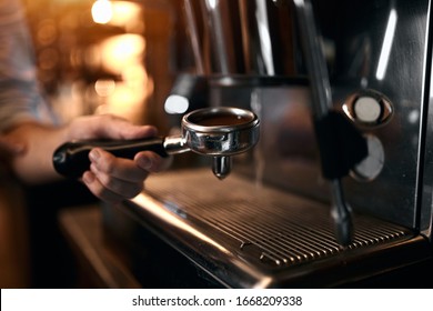 Coffee machine preparing fresh tasty coffee. Professional brewing at restaurant or pub.Step by step tips of coffee making - Powered by Shutterstock