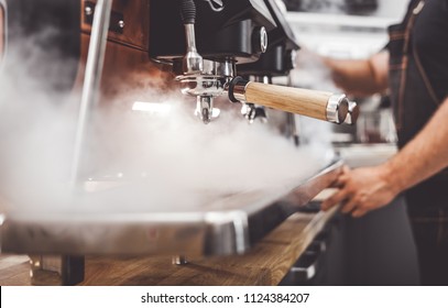 Coffee Machine In Steam, Barista Preparing Coffee At Cafe