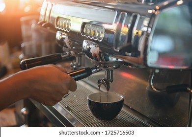 Coffee Machine,Coffee Machine In Steam, Barista Preparing Coffee At Cafe