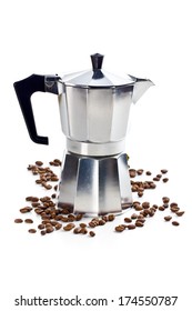 coffee maker with coffee beans on white background