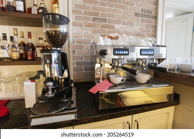 Coffee Maker And Espresso Machine At Restaurant Counter