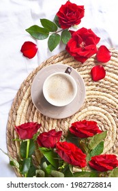 Coffee With Milk And Red Roses On The Wooden Stand On The White Bedsheet. Room Service. Coffee Break. Love Story. Valentine's Day. 