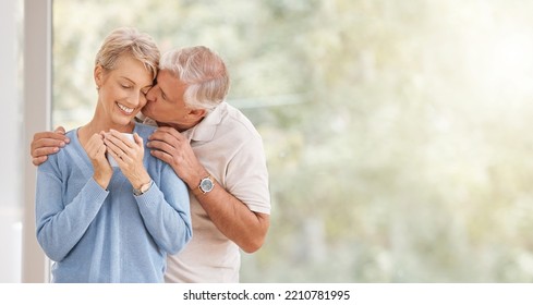 Coffee Morning, Kiss And Senior Couple With Smile During Breakfast In Retirement House At Window With Mockup Space. Elderly Man And Woman With Love And Hug During Holiday In Portugal And Drink Of Tea