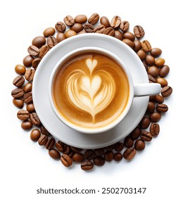 Coffee Mug with Latte Art and Coffee Beans Top View Isolated on White Background - Powered by Shutterstock