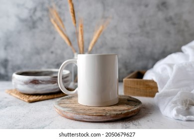 Coffee Mug Mockup, Boho Or Kitchen Themed Mug Mock Up, Neutral Tones. Concept Branding Mock Up For Logo Or Design.